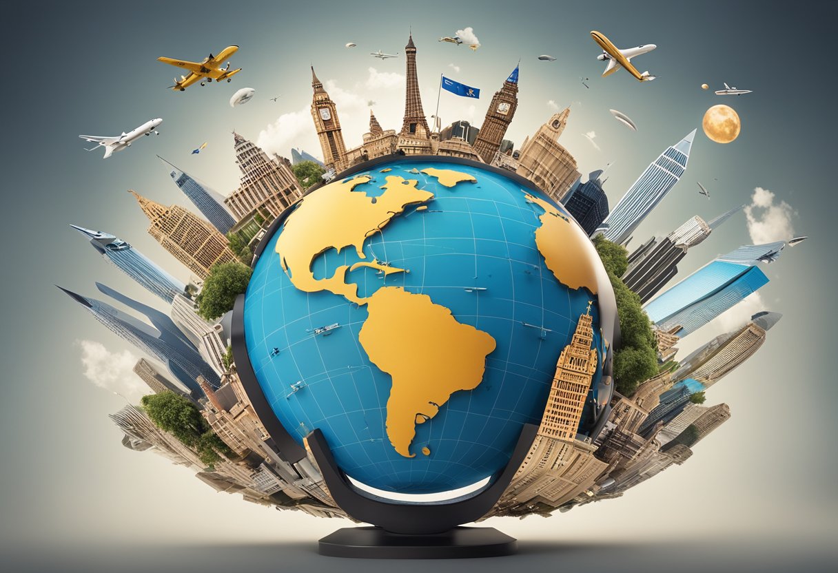 A globe surrounded by various iconic landmarks representing different countries, with arrows pointing from the globe to each landmark, symbolizing Live Nation’s global expansion into local markets