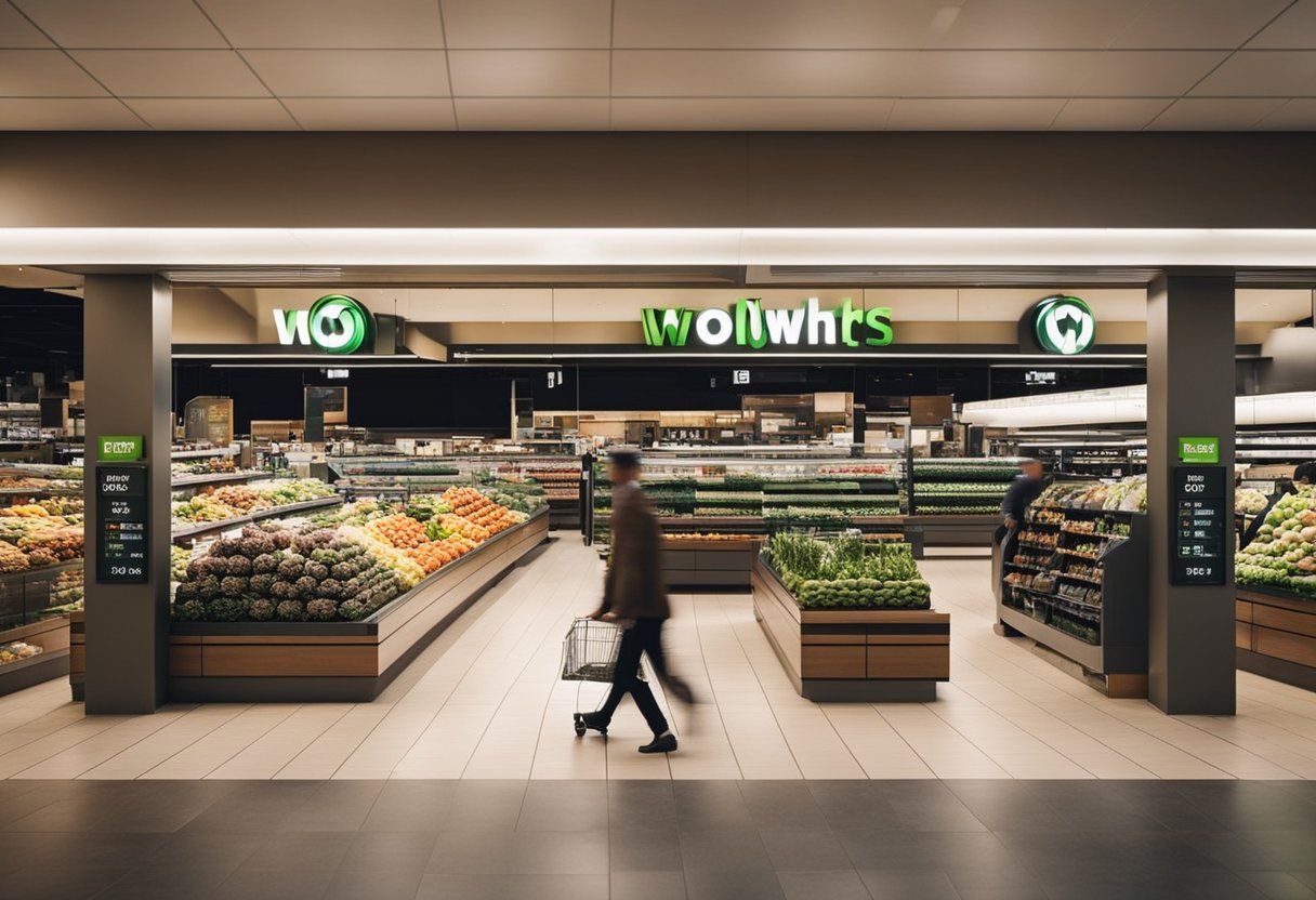 A bustling supermarket with a prominent Woolworths sign and logo on the exterior facade. Customers enter and exit the store, pushing loaded shopping carts