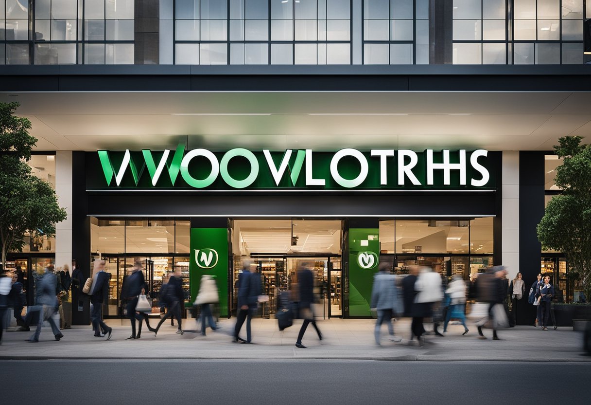 A grand, modern building with the Woolworths logo prominently displayed on the exterior. A line of people entering and exiting the store