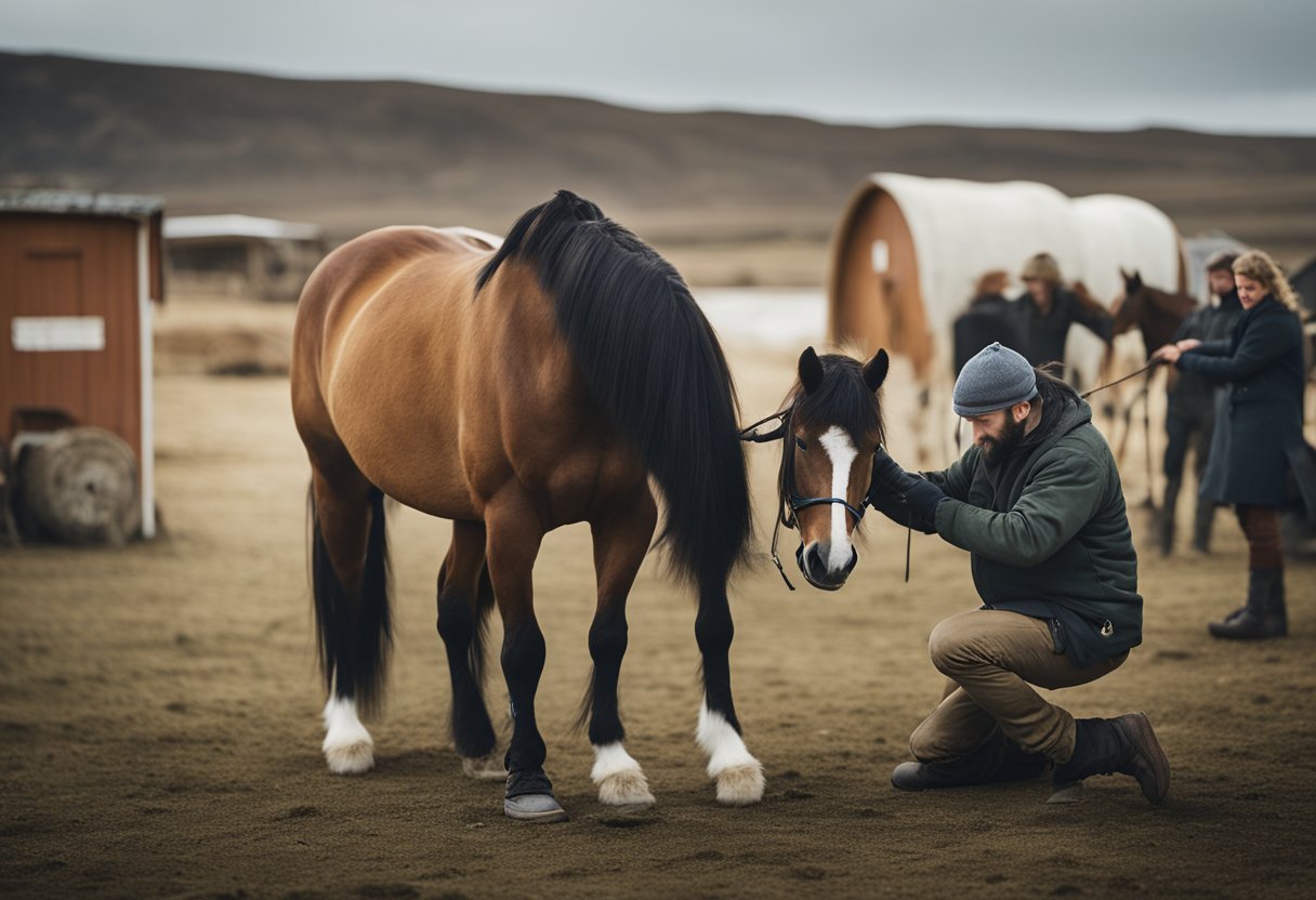 En illustrasjon av en islandsk hest som får spesiell hovpleie og trening, med en hovslager som forsiktig tar seg av hestens hovar.