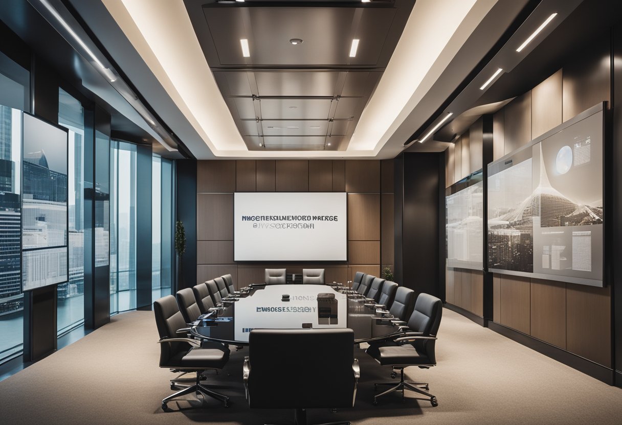 A corporate meeting room with executives discussing a merger, surrounded by charts and graphs on the walls
