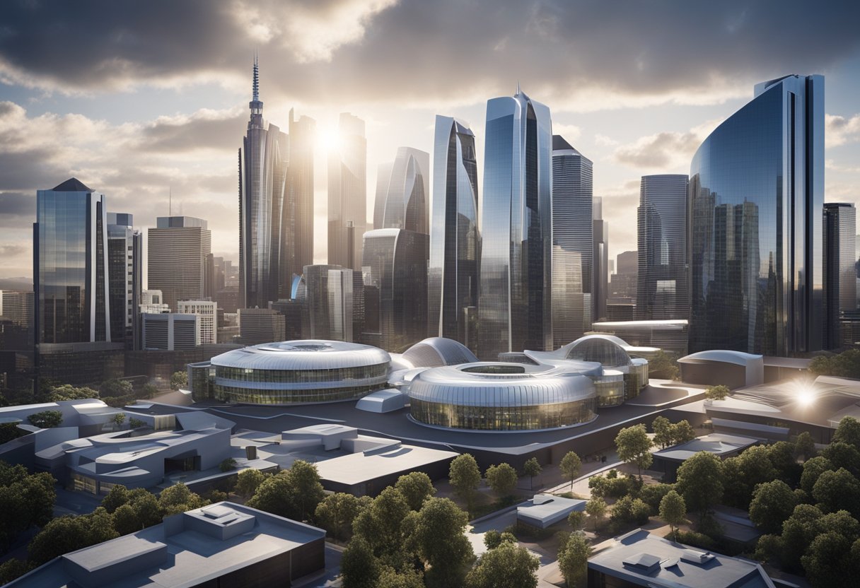 A futuristic city skyline with Woolworths headquarters towering over other buildings, surrounded by advanced technology and innovation hubs