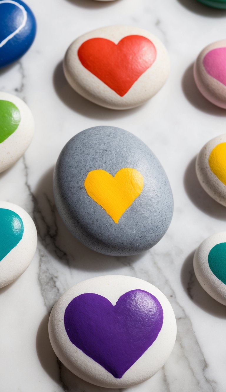 A collection of heart-patterned rocks in various colors arranged on a marble surface