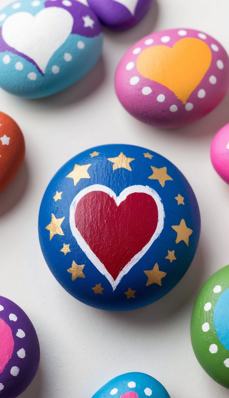 A heart silhouette surrounded by stars, painted rocks in various colors, spreading love
