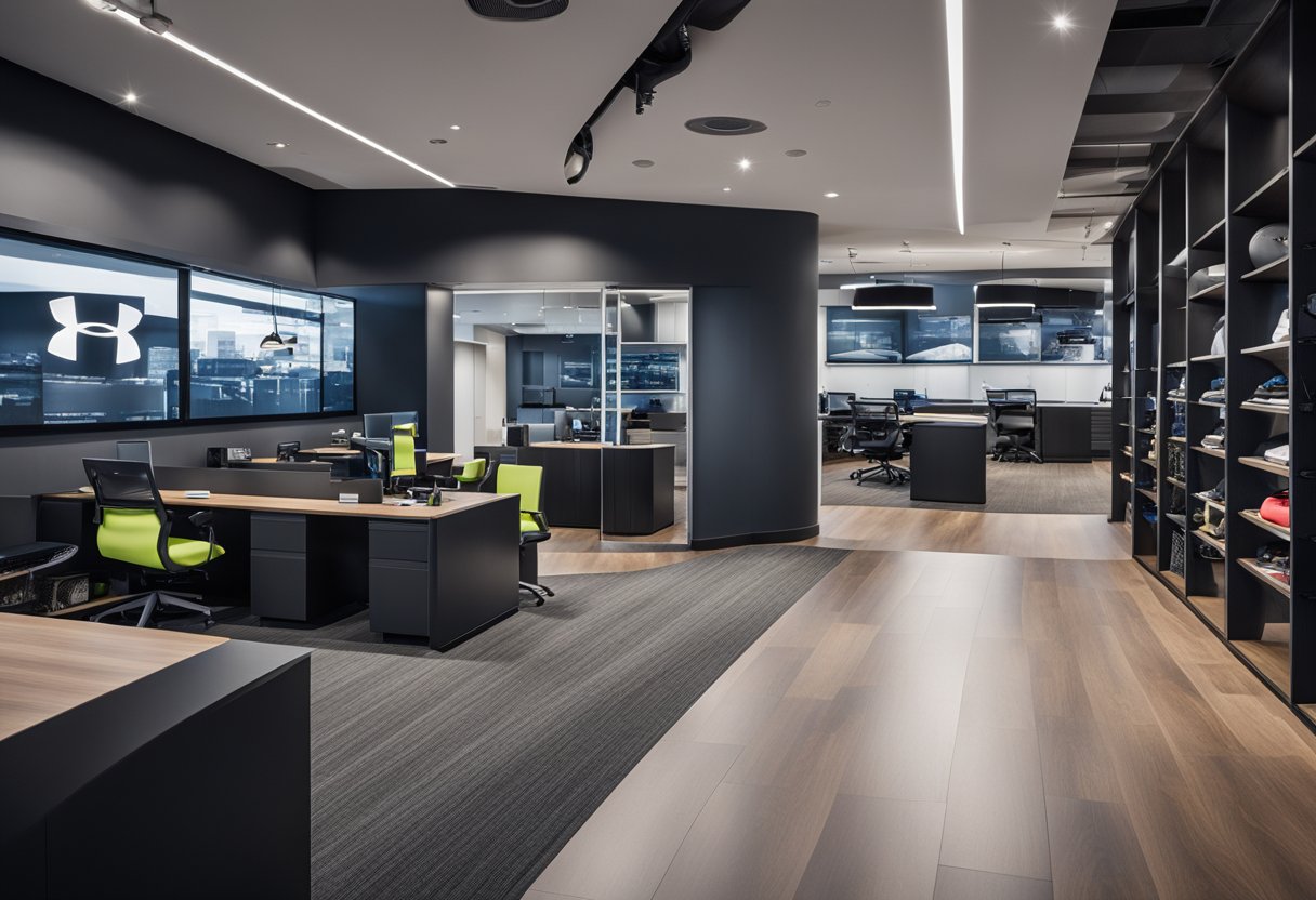 A modern, sleek office with the Under Armour logo prominently displayed on the wall. The space is filled with athletic gear and motivational posters