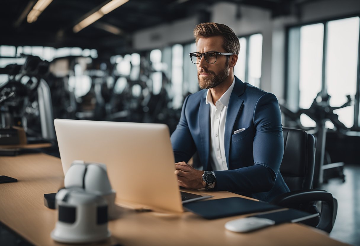 A powerful figure standing at the helm of a sleek and modern sports apparel company, exuding confidence and authority