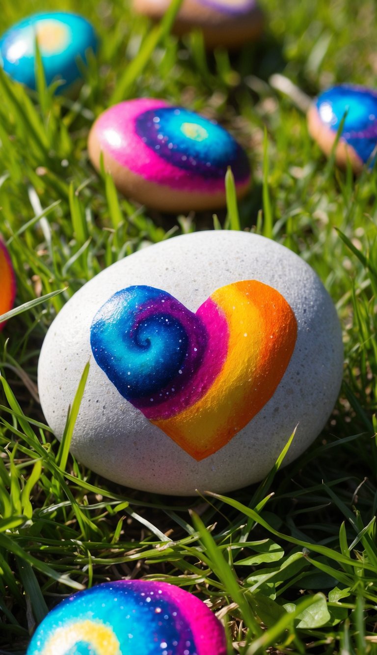 Vibrant heart-shaped rocks with galaxy-like swirls, scattered on a grassy field under the bright sun