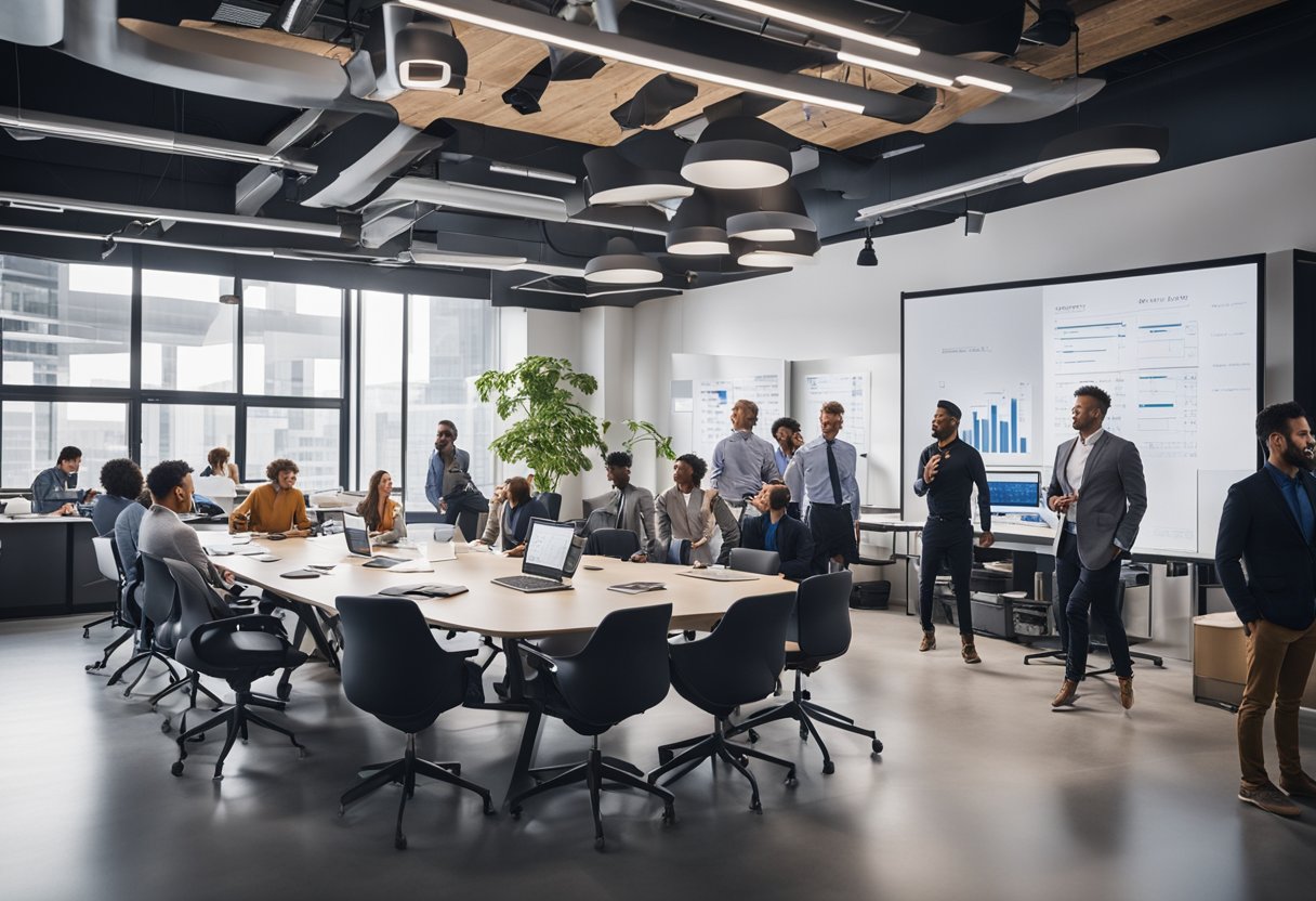 A bustling office with a large conference table, whiteboards filled with charts and graphs, and employees engaged in a lively strategy meeting for Under Armour