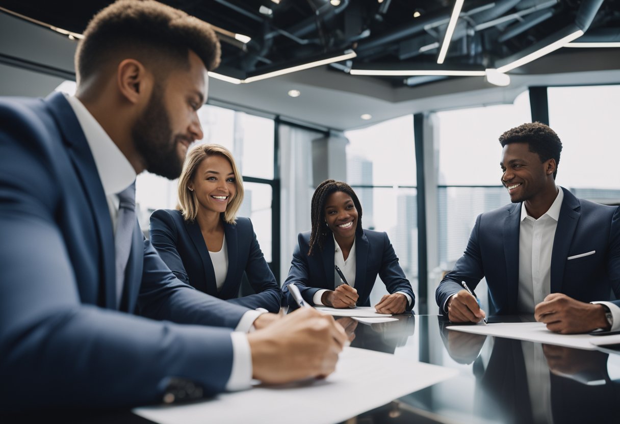 A group of business executives signing documents to transfer ownership of Under Armour company