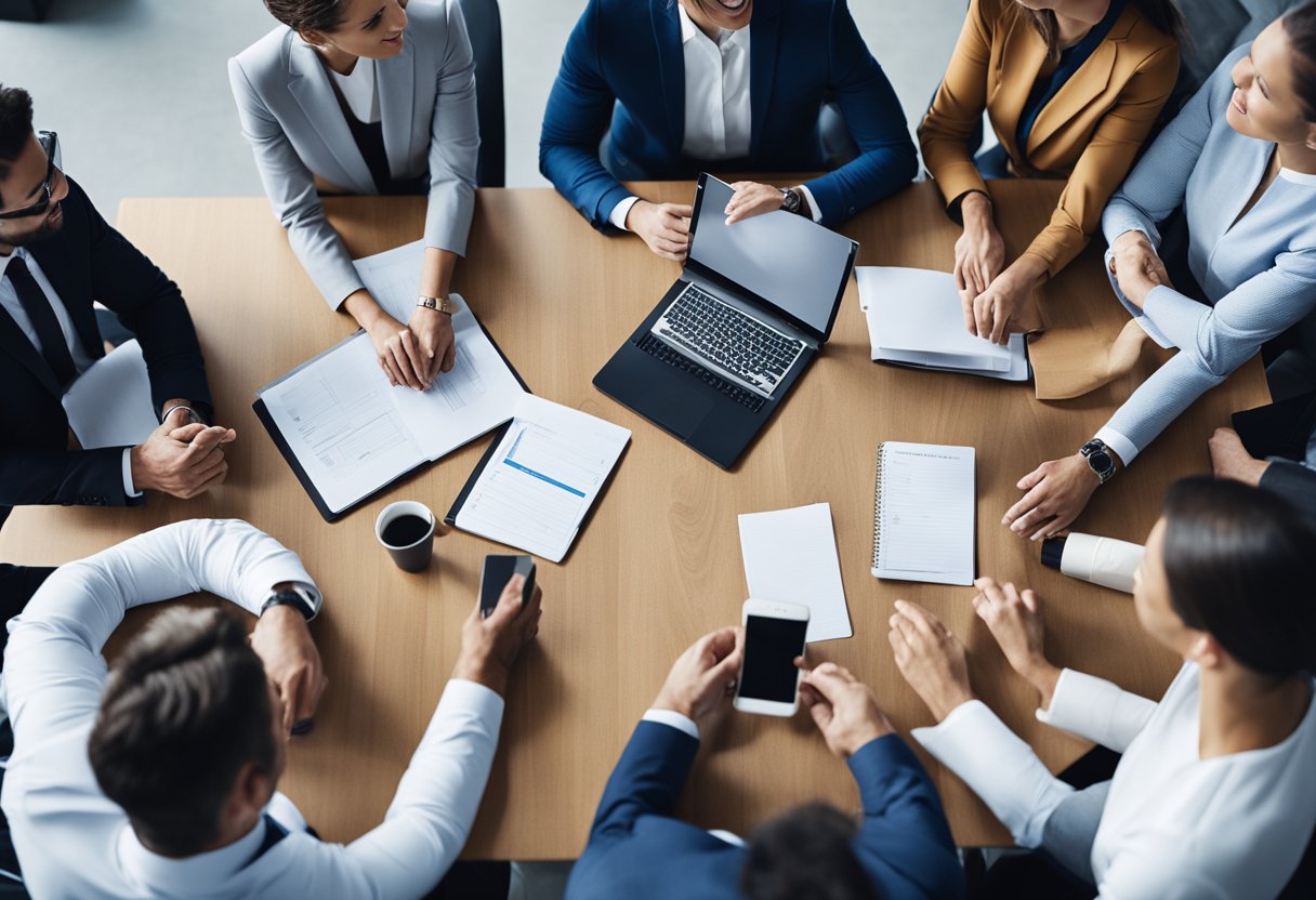 A group of people in business attire engaging in a meeting, exchanging ideas and products, representing the relationship between Under Armour and its suppliers and customers