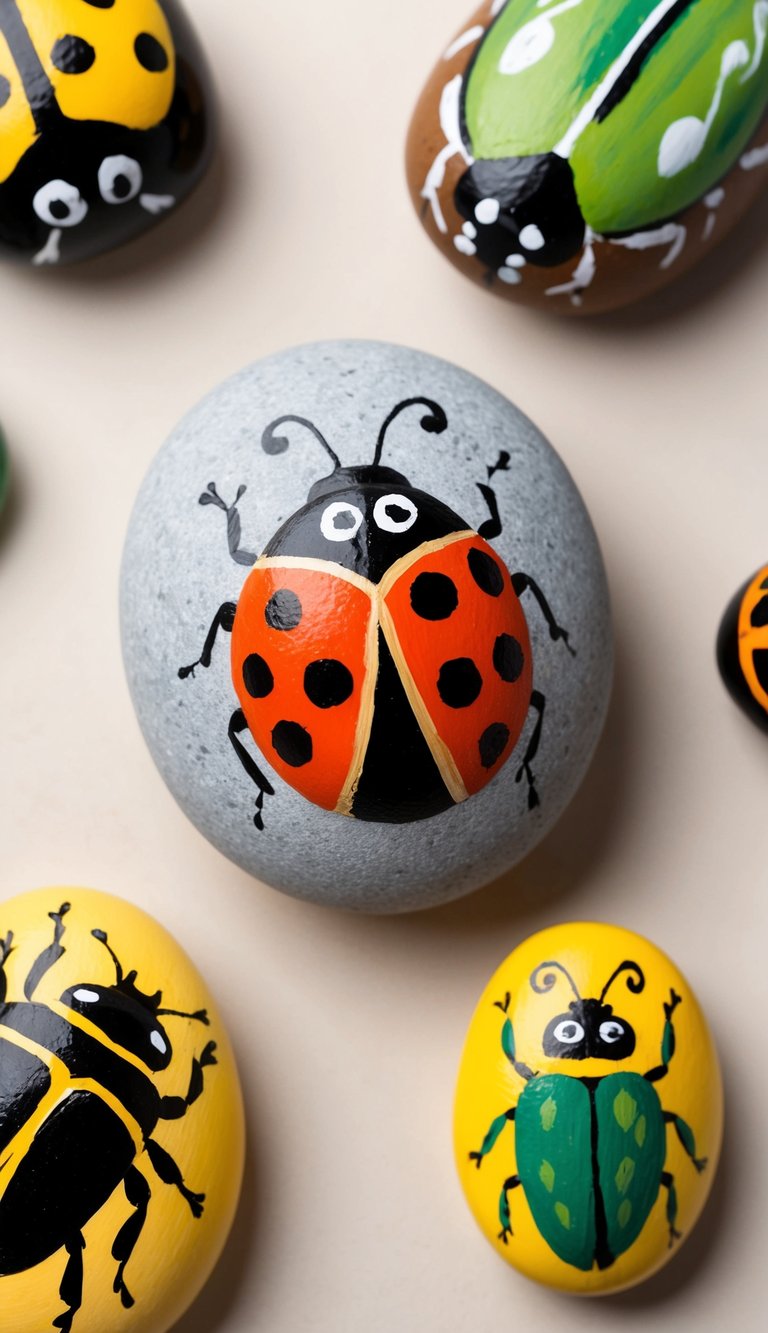 A ladybug with a heart-shaped face sits on a painted rock, surrounded by other insect-themed rocks