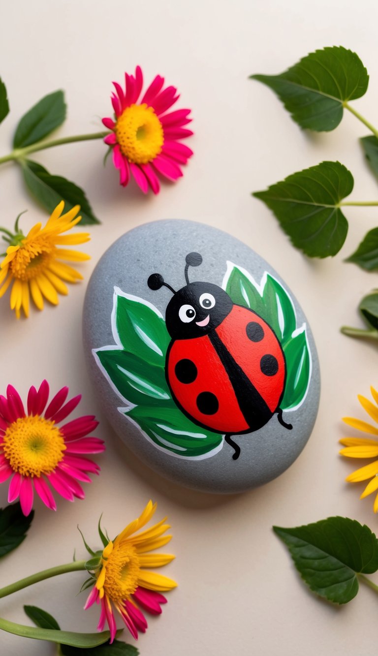 A cheerful cartoon ladybug painted on a smooth rock, surrounded by colorful flowers and green leaves