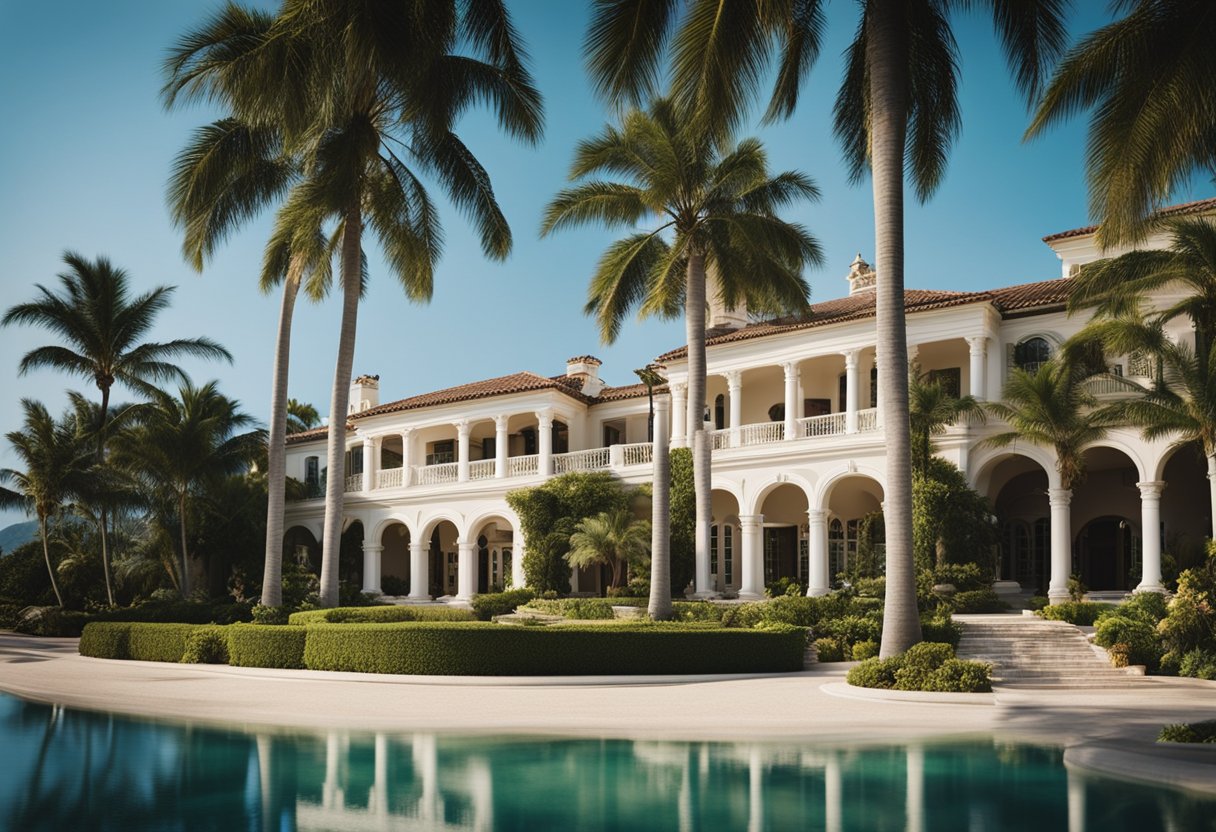 A grand estate with a sprawling mansion overlooking the ocean, surrounded by lush gardens and palm trees