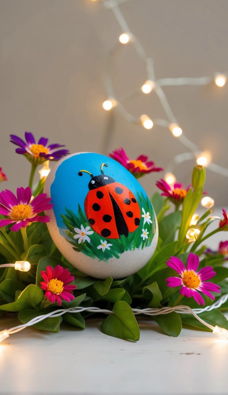 A magical ladybug painted rock nestled among vibrant flowers and twinkling fairy lights in a whimsical garden setting