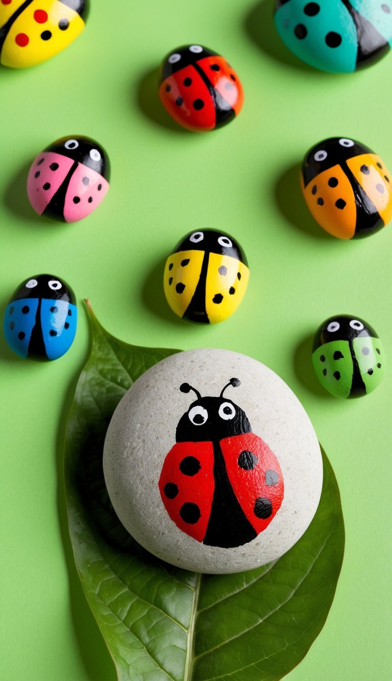A bright green leafy background with a collection of colorful painted rocks, each featuring a unique and vibrant ladybug design