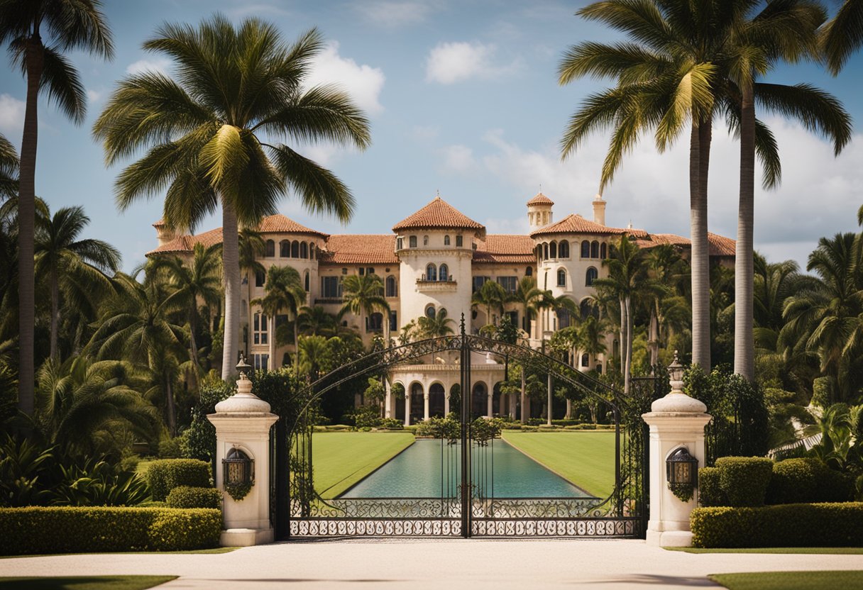 A grand, palatial estate surrounded by lush gardens and palm trees, with a prominent sign displaying the name "Mar-a-Lago" at the entrance