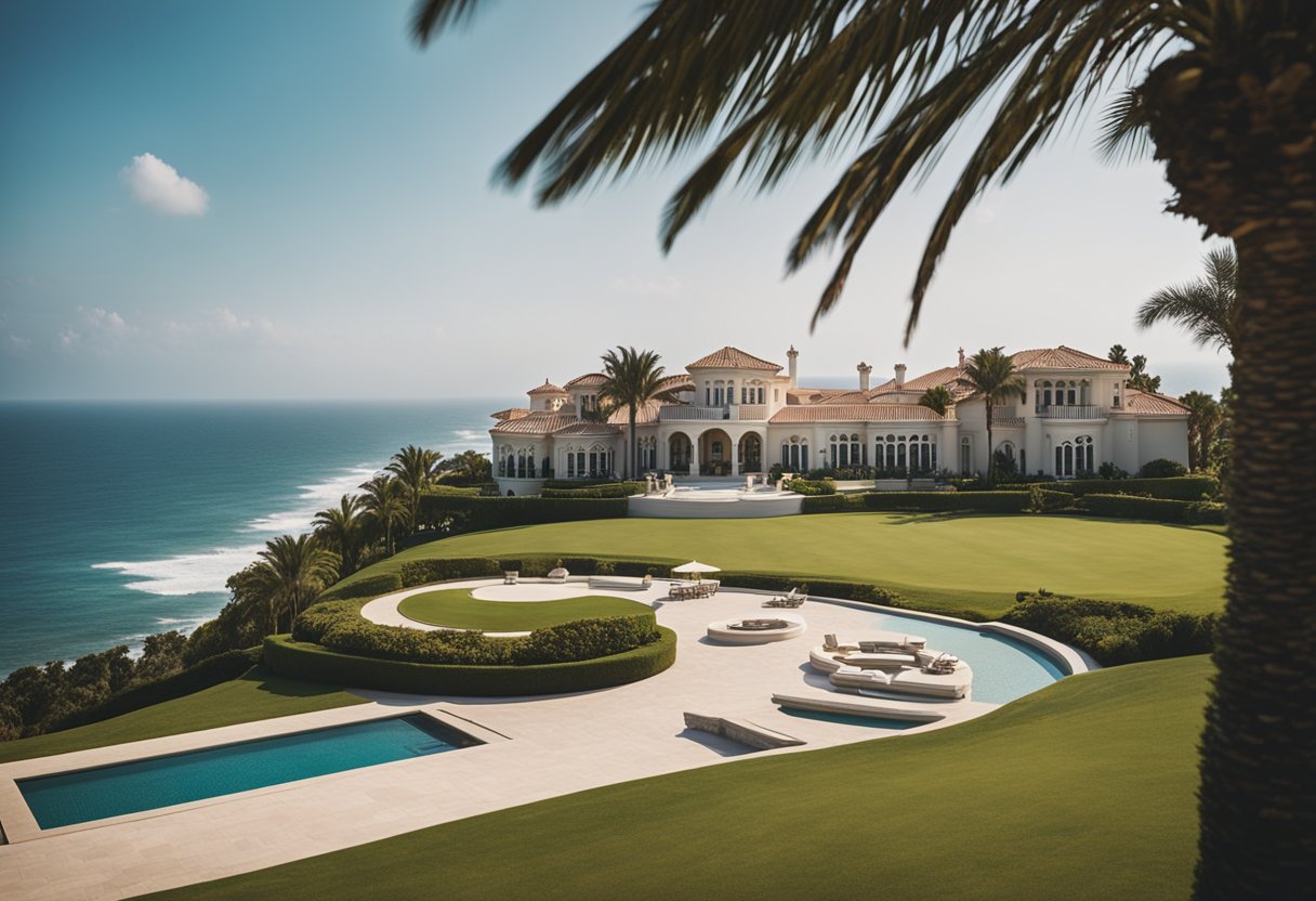 A grand estate with a sprawling golf course and luxurious mansion, surrounded by palm trees and overlooking the ocean