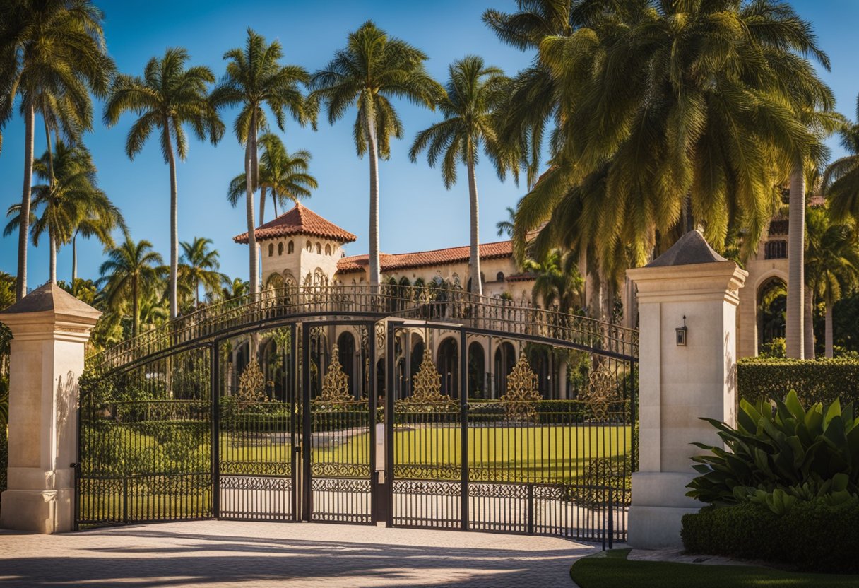 A grand, palm-lined entrance leads to the opulent Mar-a-Lago estate, with its Spanish-style architecture and sprawling grounds