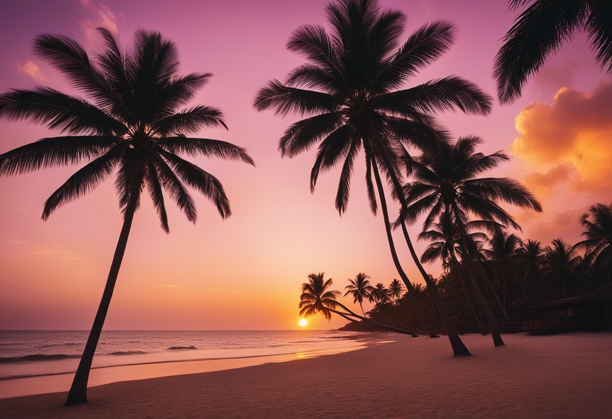 A vibrant sunset over a tropical beach, with palm trees silhouetted against the orange and pink sky, casting long shadows on the sand