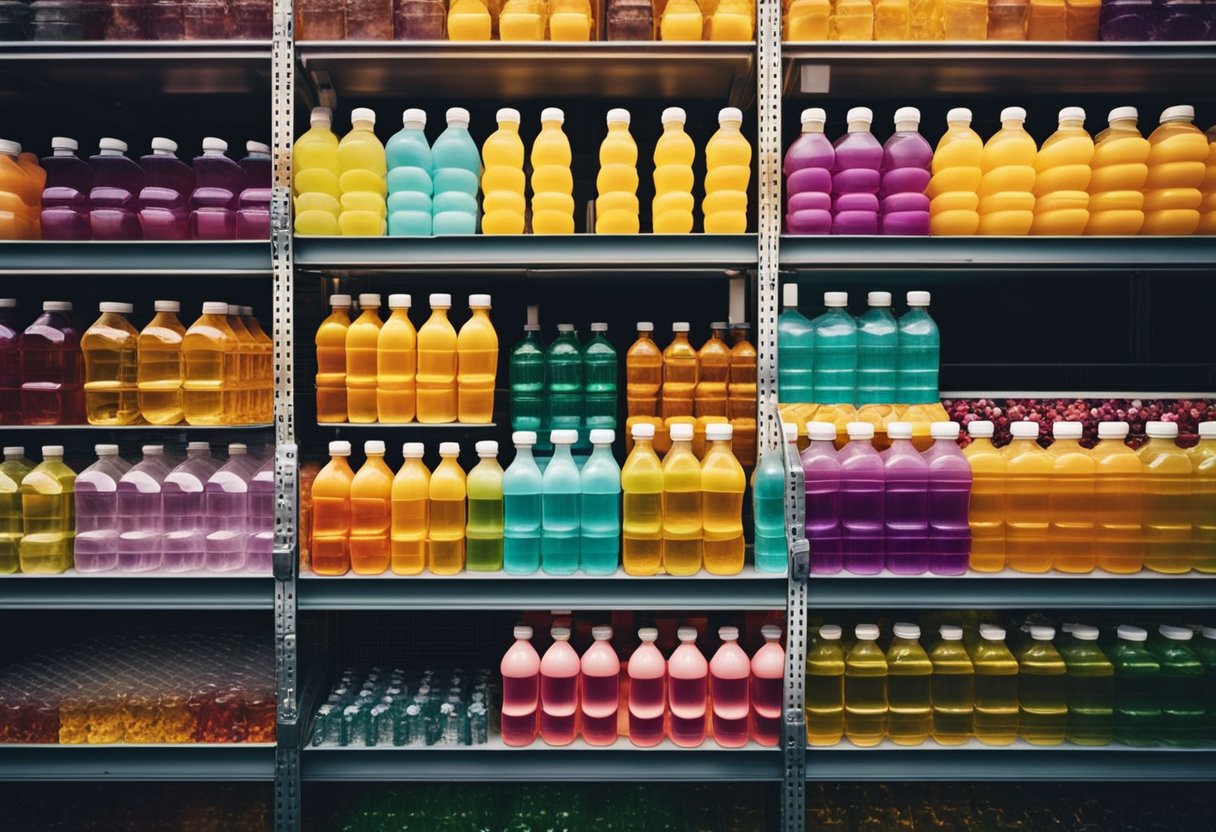 A bustling market stall with rows of colorful Vitamin Water bottles displayed on shelves