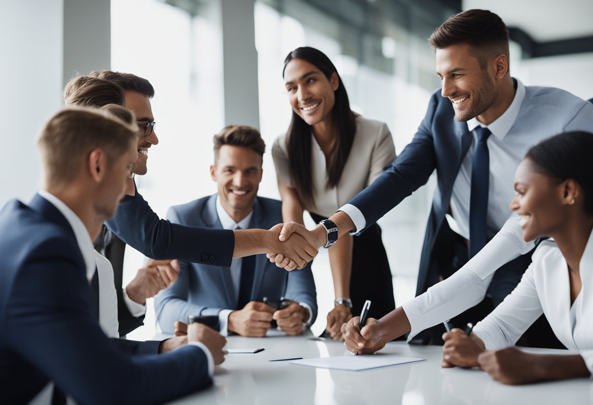 A group of business executives signing contracts and shaking hands over a table with bottles of Vitamin Water displayed