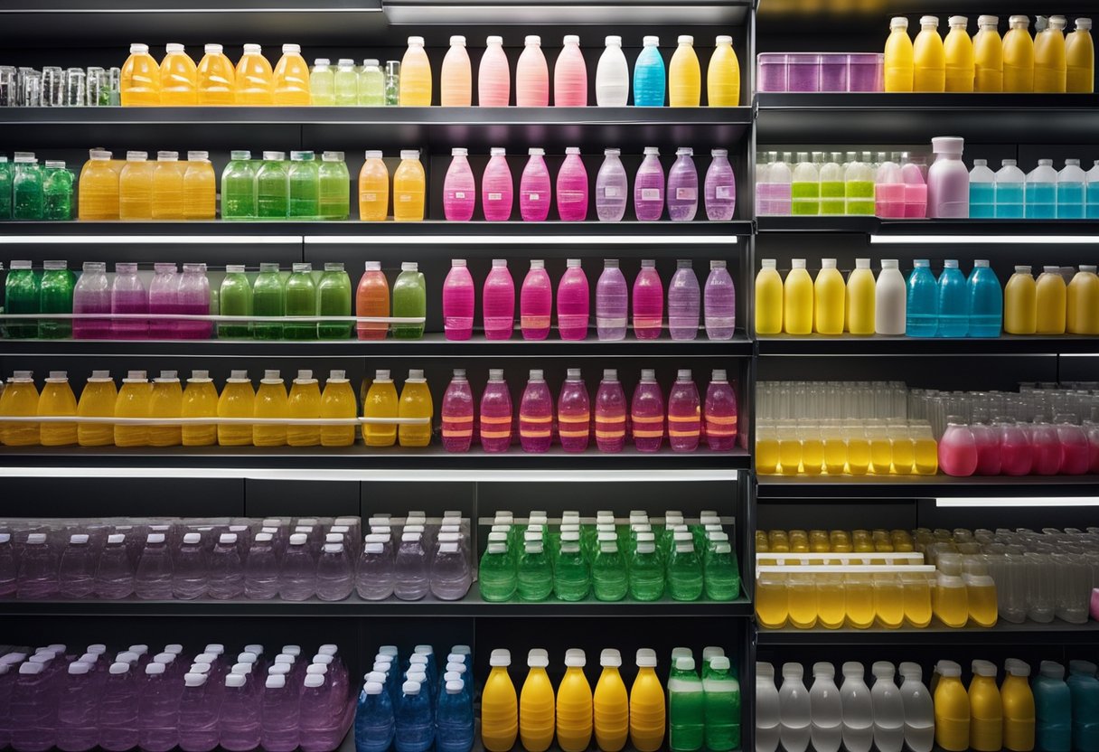 A colorful array of Vitamin Water bottles arranged on a sleek, modern display shelf