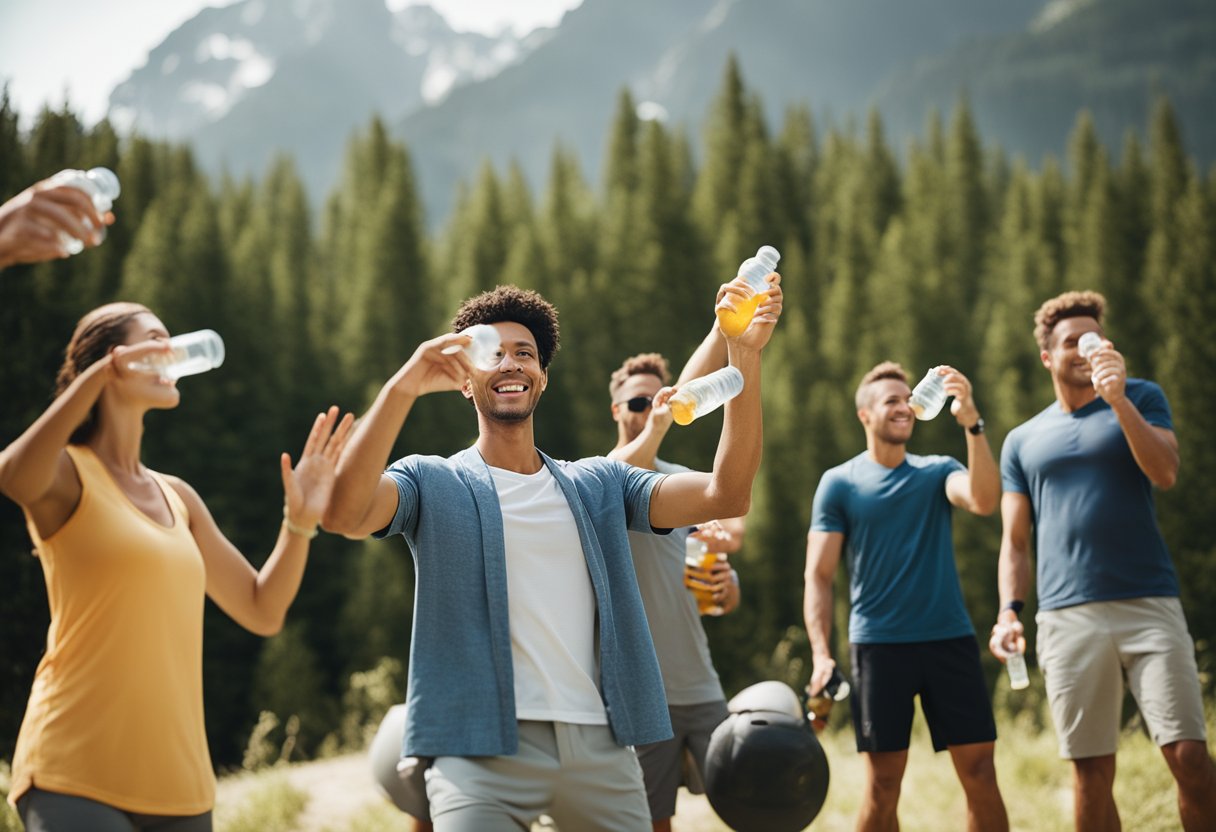 A group of active, health-conscious individuals enjoying outdoor activities while holding bottles of vitamin water