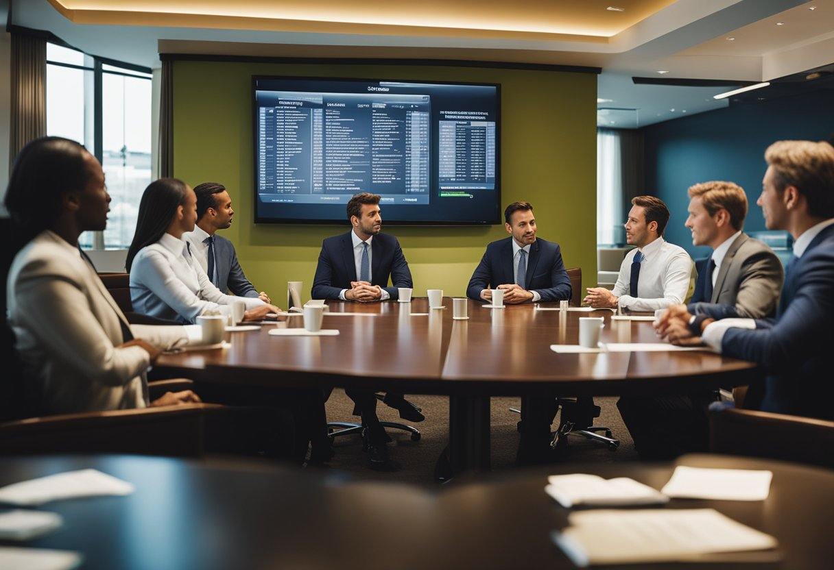 A group of corporate executives discuss business strategy and goals in a meeting room at Olive Garden headquarters