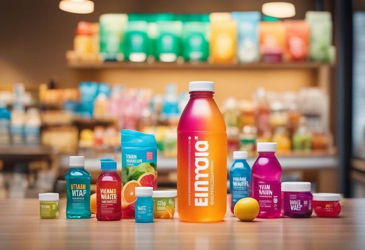 A vibrant, energetic scene featuring a bottle of Vitamin Water surrounded by various branded products and promotional materials