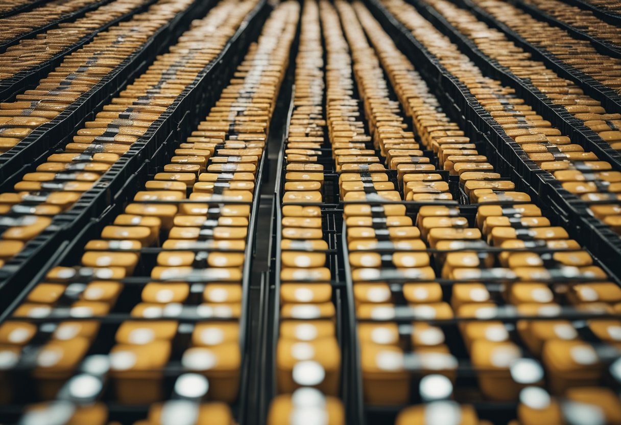 A warehouse with rows of stacked crates filled with bottles of Vitamin Water, ready for distribution