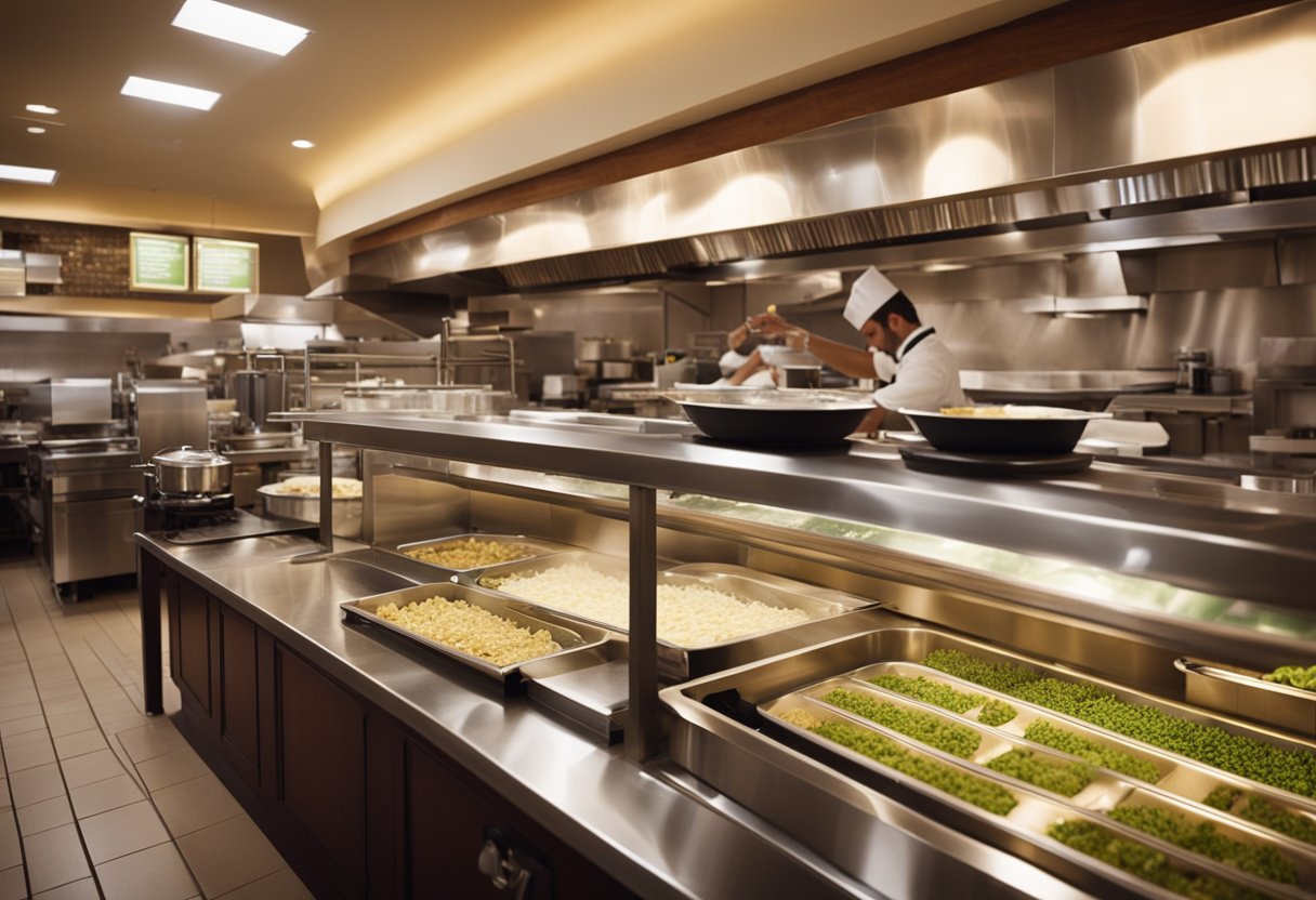 A bustling Olive Garden restaurant, with servers efficiently attending to tables and chefs preparing delicious Italian cuisine in the open kitchen