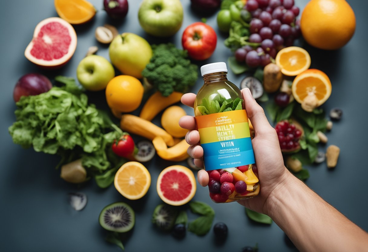 A person holding a bottle of Vitamin Water surrounded by various fruits and vegetables, with a focus on healthy eating and nutrition