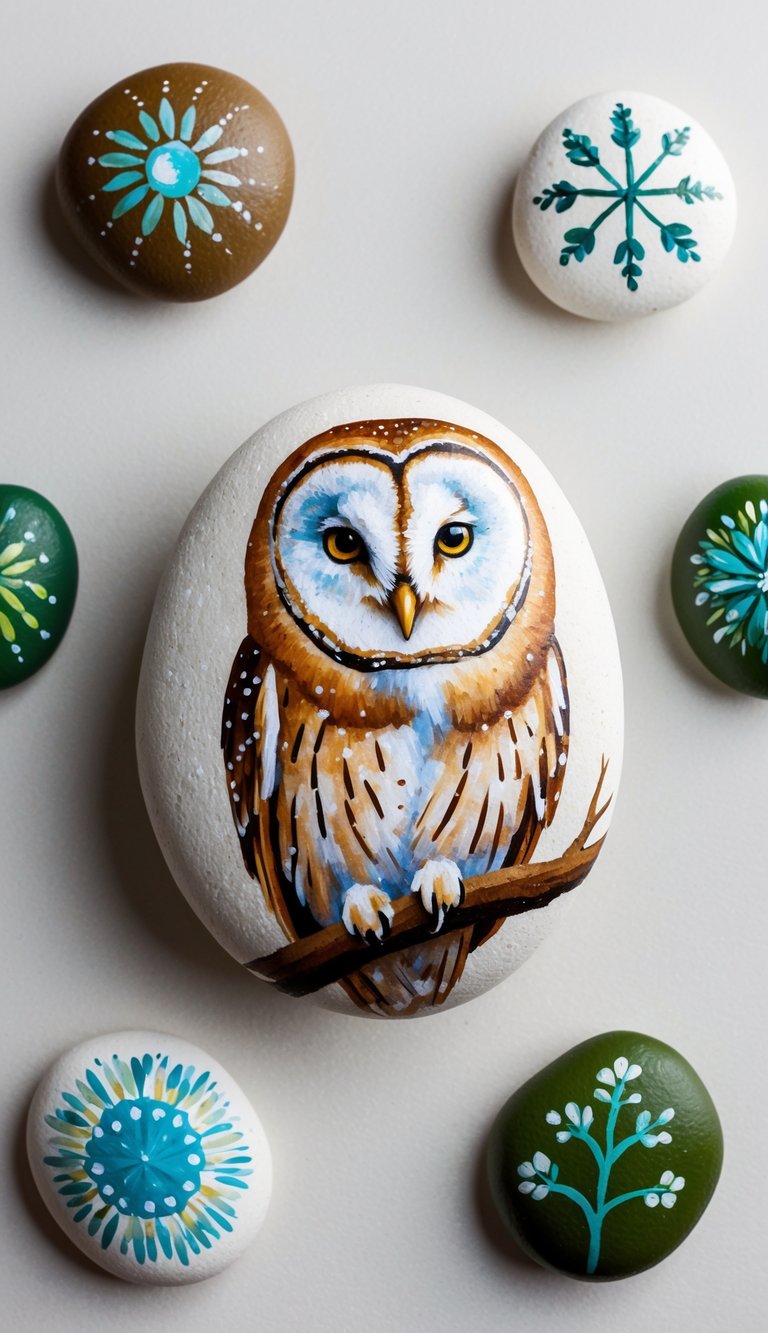 A barn owl perched on a tree branch, its glittering eyes shining in the moonlight, surrounded by nature-inspired painted rocks