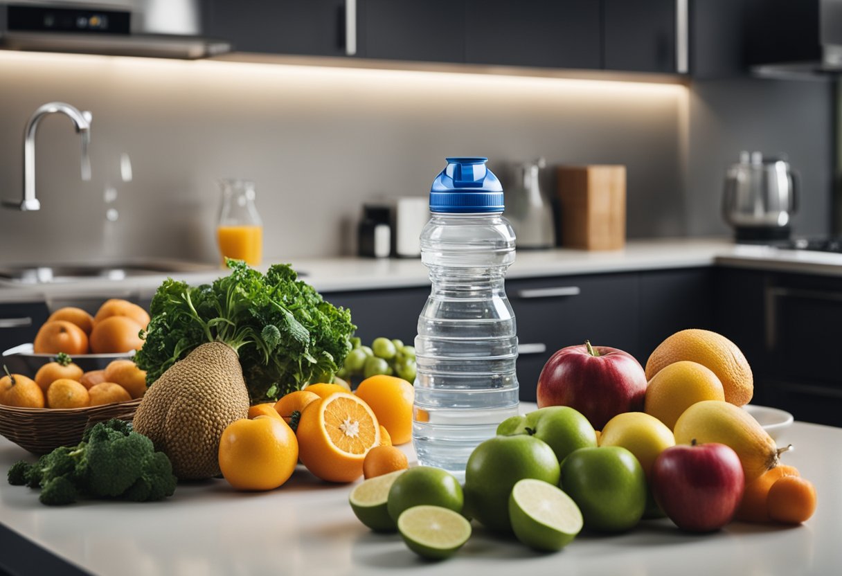 A kitchen counter with various fruits and vegetables, a water pitcher, and bottles of vitamin water