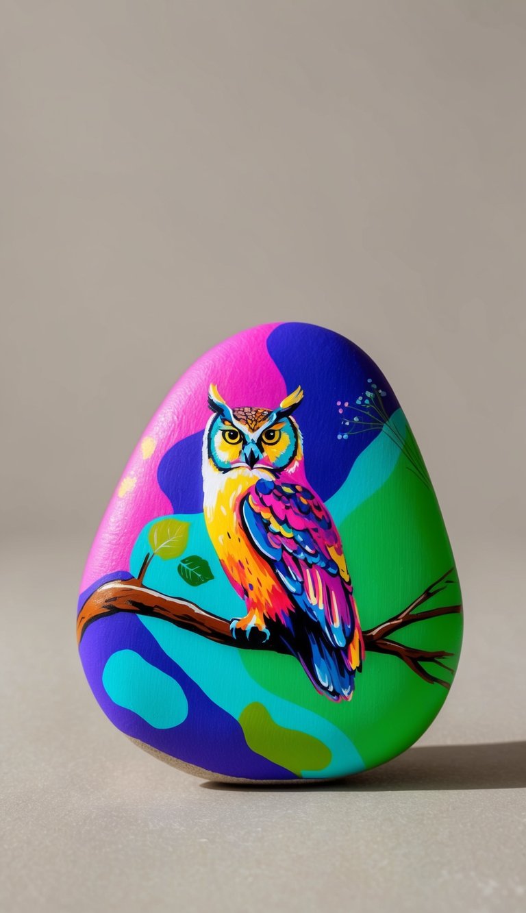 A vibrant, abstract owl perched on a rock, surrounded by neon colors and nature-inspired elements