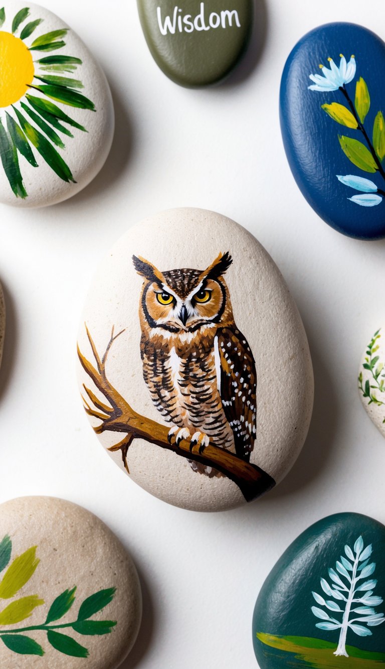 A great horned owl perched on a tree branch, surrounded by nature and wisdom-themed painted rocks