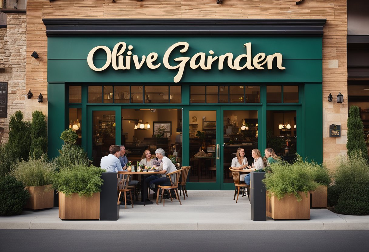 A bustling restaurant with a prominent Olive Garden logo displayed on the front facade. People enjoying meals and engaging with branded materials