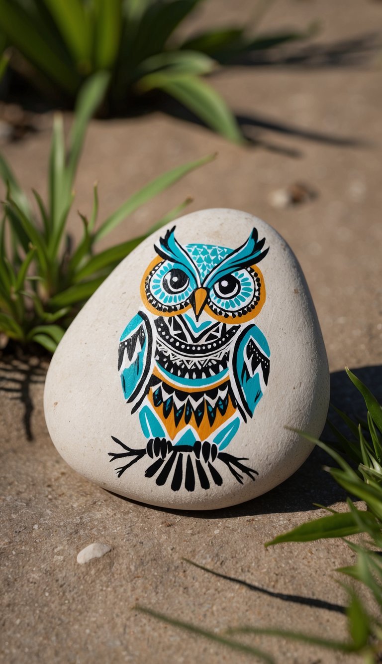 A patterned owl with tribal design painted on a rock, surrounded by nature