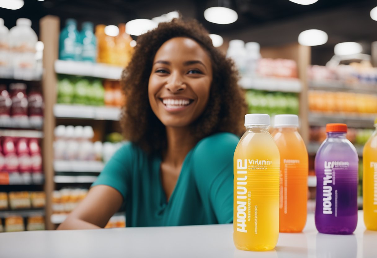 A person holding a bottle of Vitamin Water, surrounded by smiling customers in a vibrant store setting