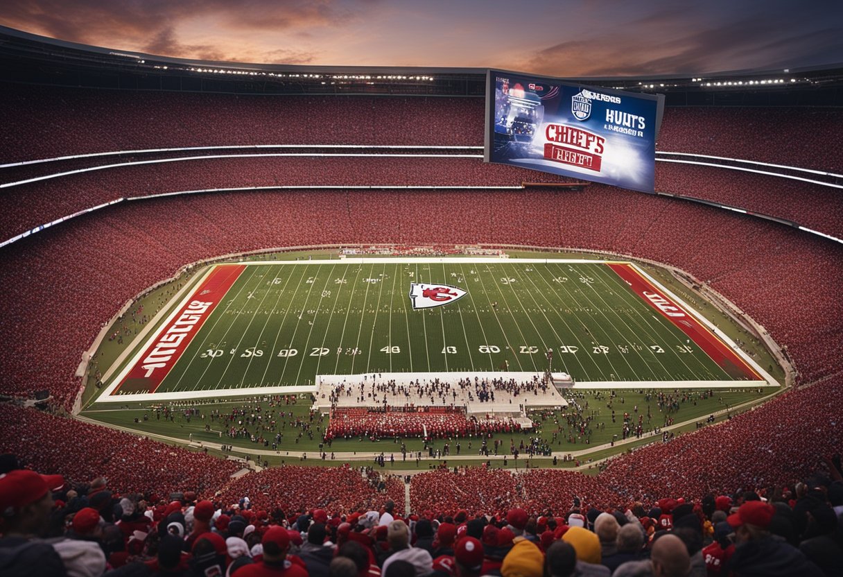 A football stadium filled with cheering fans as the Kansas City Chiefs play, with Lamar Hunt's name and legacy honored throughout the venue