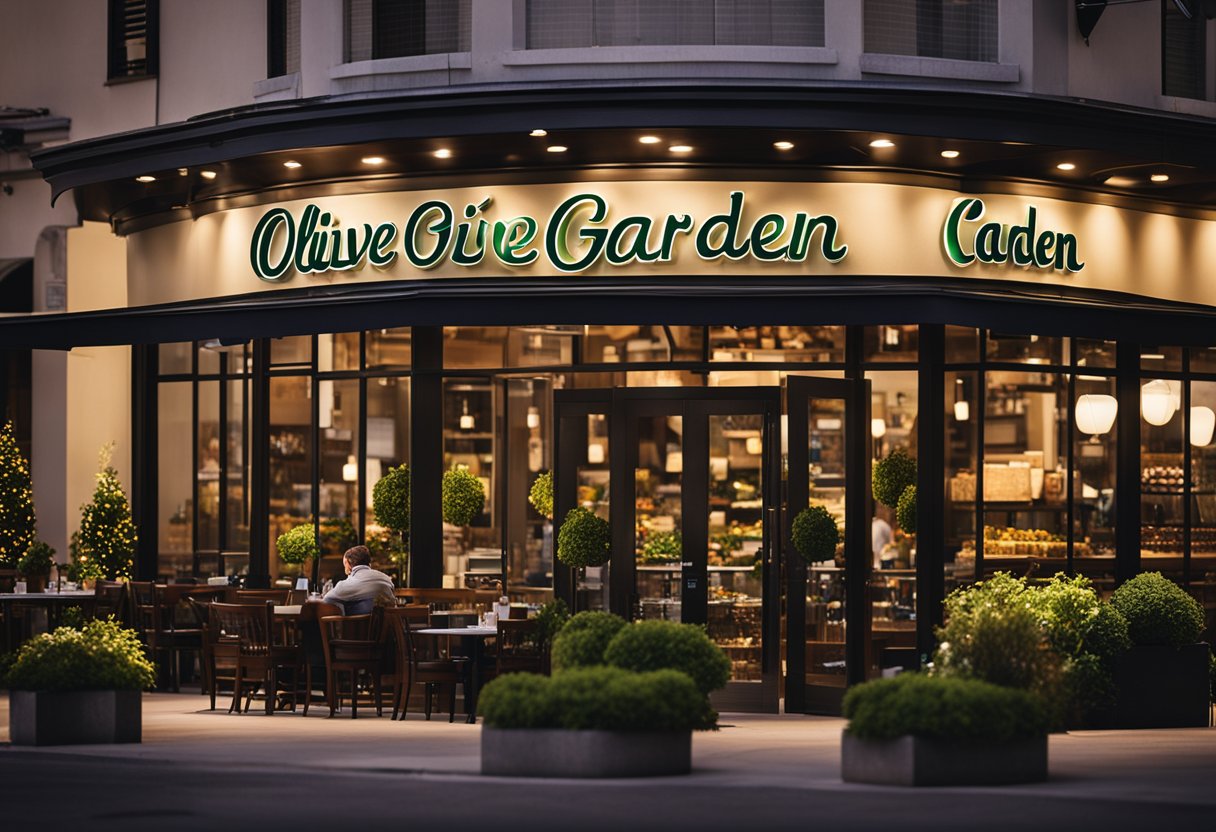 A bustling restaurant with a prominent Olive Garden sign, surrounded by other businesses in a commercial district