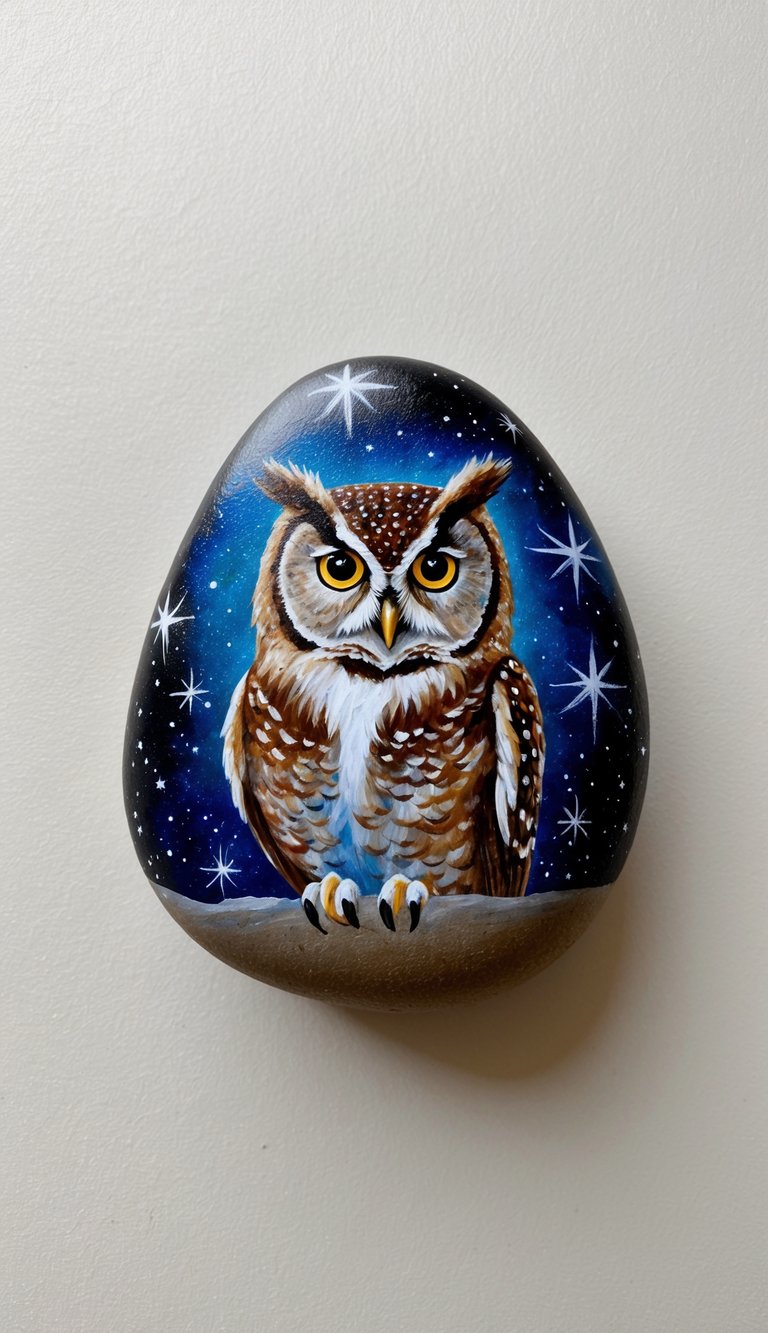 A mystical owl perched on a rock, surrounded by celestial backgrounds of stars and galaxies