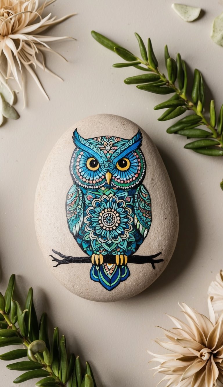 A bohemian owl with intricate mandala designs perched on a painted rock, surrounded by nature-inspired elements