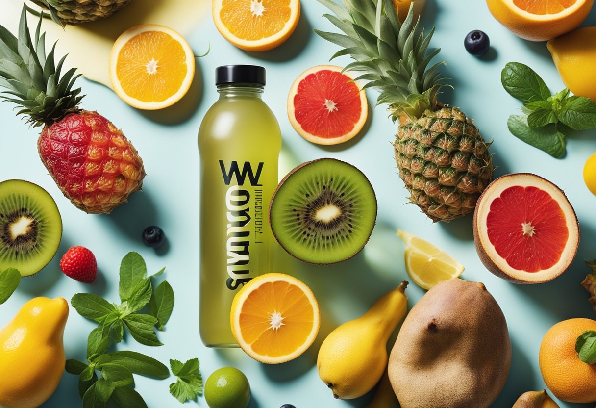 A colorful array of exotic fruits and herbs surround a bottle of vitamin water, evoking a sense of freshness and healthful inspiration