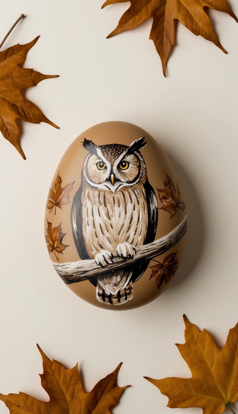 A vintage owl perched on a weathered branch, surrounded by autumn leaves in sepia tones