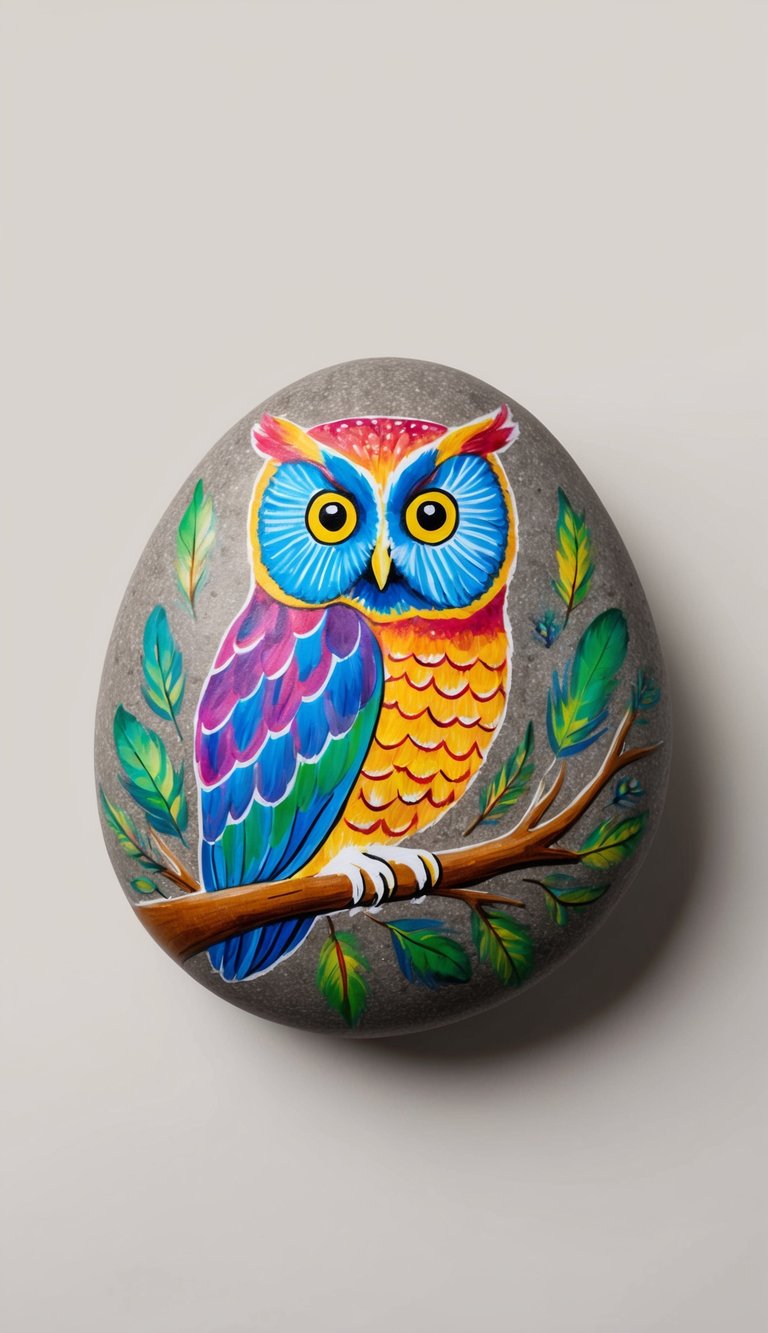 A colorful owl perched on a branch, surrounded by vibrant rainbow feathers and nature-inspired patterns