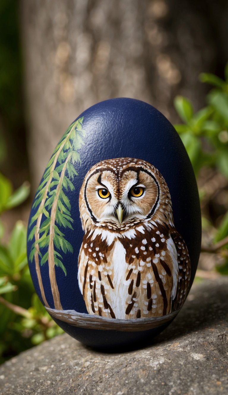 An owl peers out from behind a tree, surrounded by nature