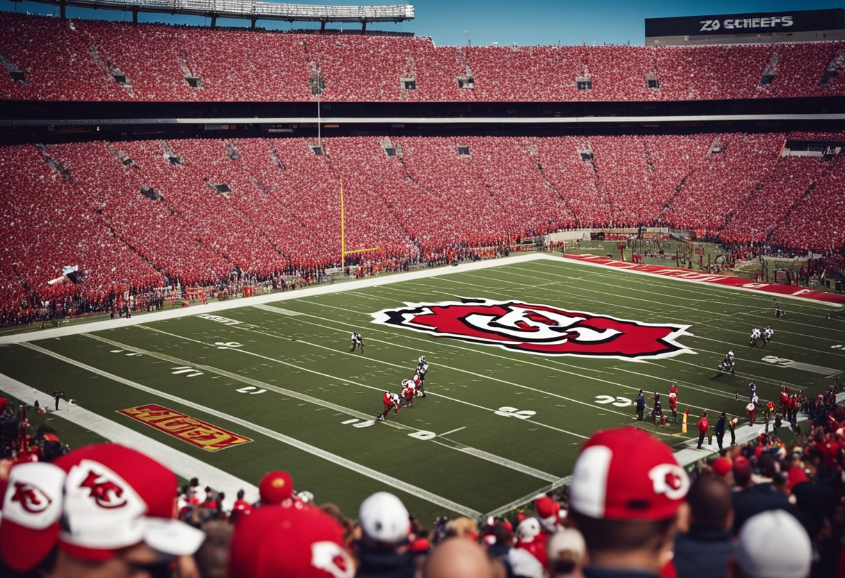 A football field with a Kansas City Chiefs logo, surrounded by fans and players from other sports teams
