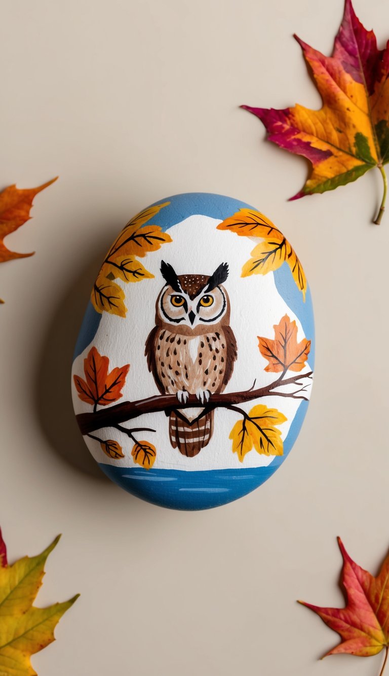 An owl perched on a tree branch surrounded by colorful autumn leaves