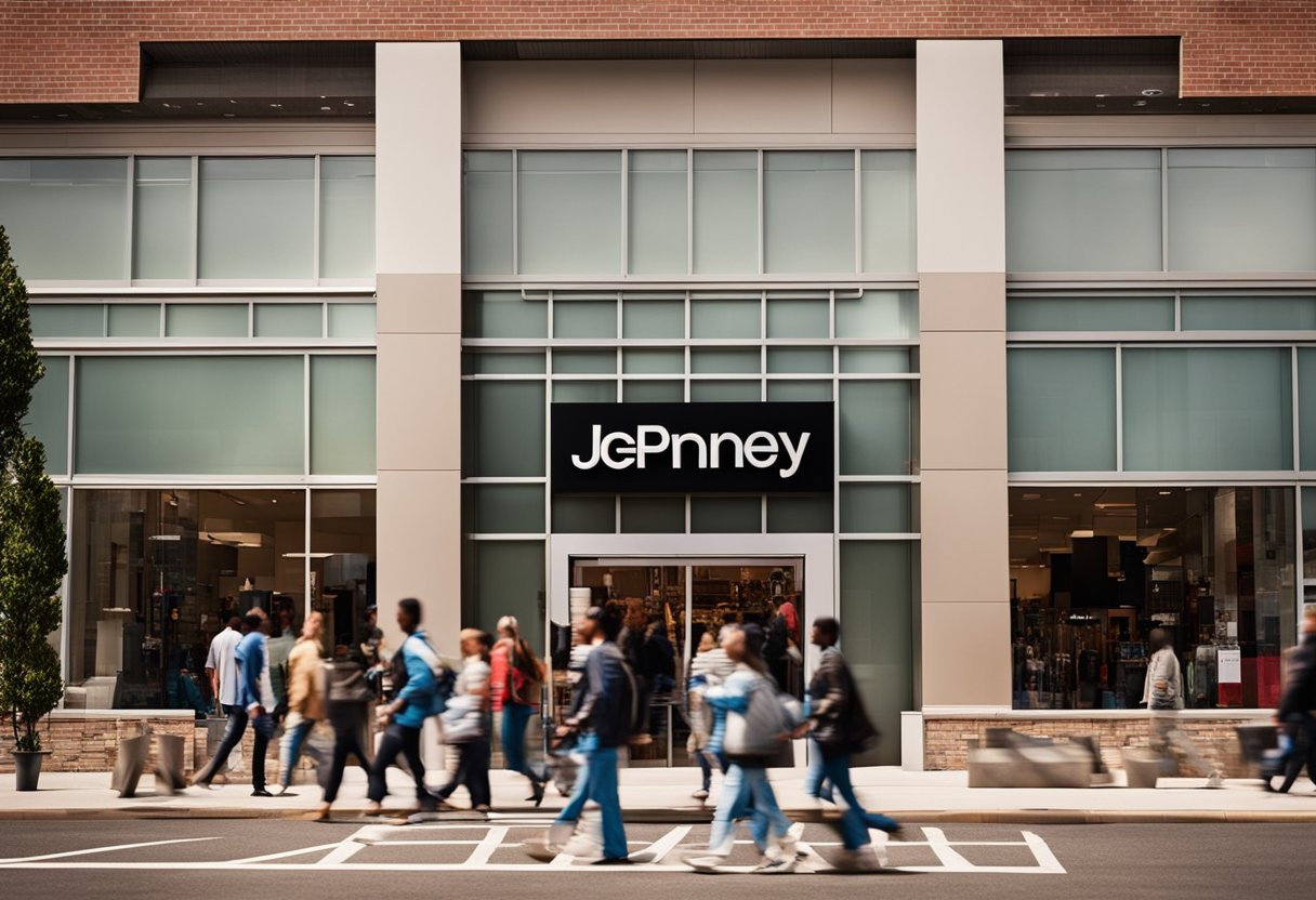 A bustling JCPenney storefront with a prominent logo and vibrant window displays. A steady flow of customers entering and exiting the store